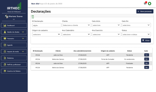 Tela de declarações do Painel do Profissional IRTHEC
